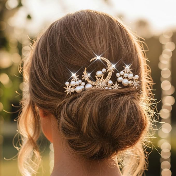 Kilshye Rhinestone Bridal Hair Pins Gold Pearl Wedding Hair Accessories Star Hair Pieces for Women (Pack of 3)