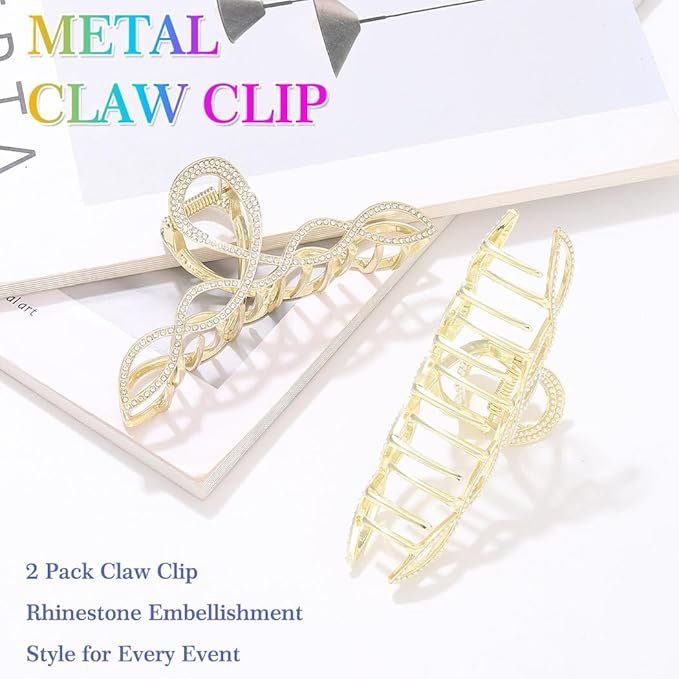 Rhinestone Hair Claw Clip, Large Metal Gold Claw Clip for Thick Hair, Sparkly Hair Accessories for Women (2 Pack)