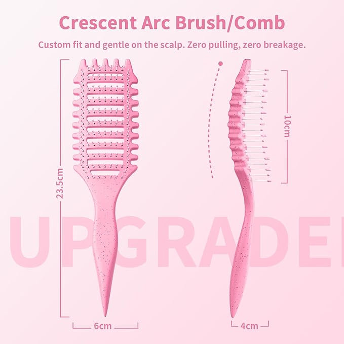 Curl Defining Brush, 4-in-1 Curly Hair Brush – Flexible Styling Brushes for Women and Men, Curls Detangling Hairbrush Featuring a Crescent Shape and Ultra-Smooth Bristles for Wet & Dry Hair - Pink