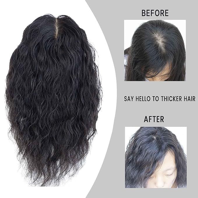 Curly Hair Toppers for Women, Real Human Hair Topper for Thinning Hair, Realistic Scalp Crown Hair Topper with Natural Volume, Clip-In 3D Scalp Cover, Natural Black 1B 12 In