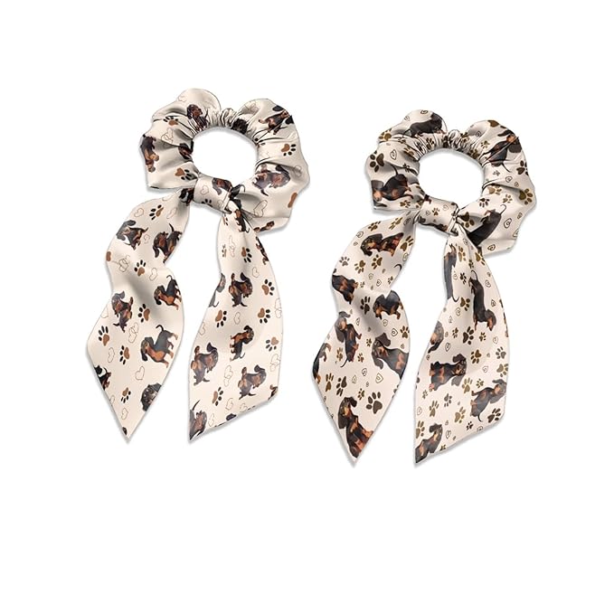 Dachshund Cute Hair Scrunchies with Ribbon 2 Pcs Paw Print Knotted Bow Satin Scarf Scrunchy Travel Accessory Animal Bow Hair Ties for Girls