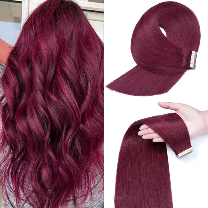 Tape in Hair Extensions Human Hair 99J Red Wine Burgundy 22 Inch 20Pcs Tape Ins for Women Straight Invisible Seamless Remy