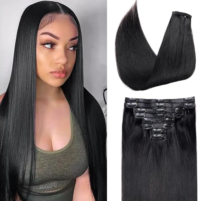 Seamless Clip in Hair Extensions Real Human Hair Straight Remy Human Hair Clip in Extensions for Women, Natural Soft Silk Straight Human Hair PU Thin Weft 8Pcs 120g 14inch Natural Black