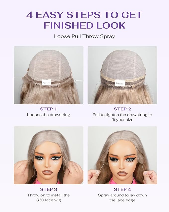 Hidden Strap Milk Tea Ash Blonde Wig Human Hair Body Wave 360 Lace Front Wig Human Hair Ombre Glueless Wigs Pre Bleached Bleached Knots 180% Density Drawstring HD Full Lace Wigs 30Inch