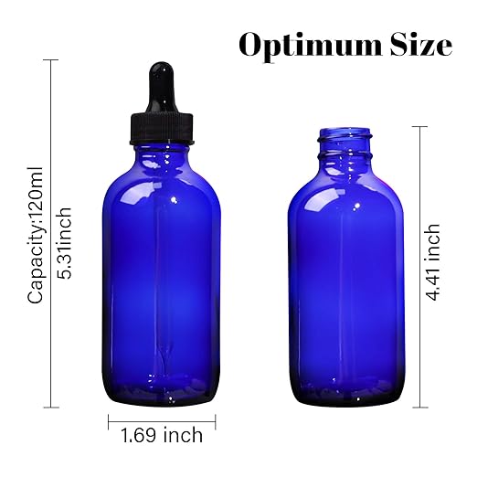 12 Pack 4oz Cobalt Blue Glass Bottles with Glass Eye Droppers for Essential Oils, Perfumes & Lab Chemicals (Brush, Funnels, 2 Extra Droppers, 24 Pcs Labels & 30ml Measuring Cup Included)