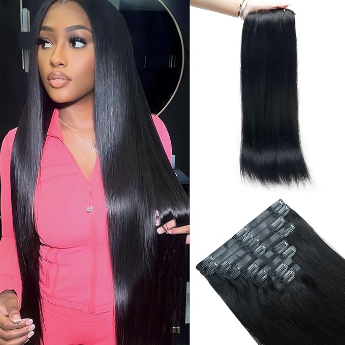 Straight Clip in Hair Extensions Real Human Hair 2 Pack 240g Seamless Clip in Hair Extensions for Women Full Max with 16Pcs PU Skin Weft 24inch Natural Black