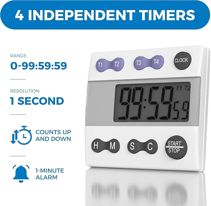 Sper Scientific Portable Digital Kitchen & Lab Timer 810015 - 4 Channel, Large Display, Loud Alarm, Classroom Timer - 2 pc