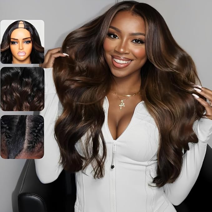 KLAIYI Ombre Brown V Part Wig Body Wave Human Hair Upgrade U Part Wig with Dark Roots Glueless Chestnut Brown Clip in Half Wig No Glue No Leave Out Beginner Wigs for Women Wear and Go Wig 150% 20Inch