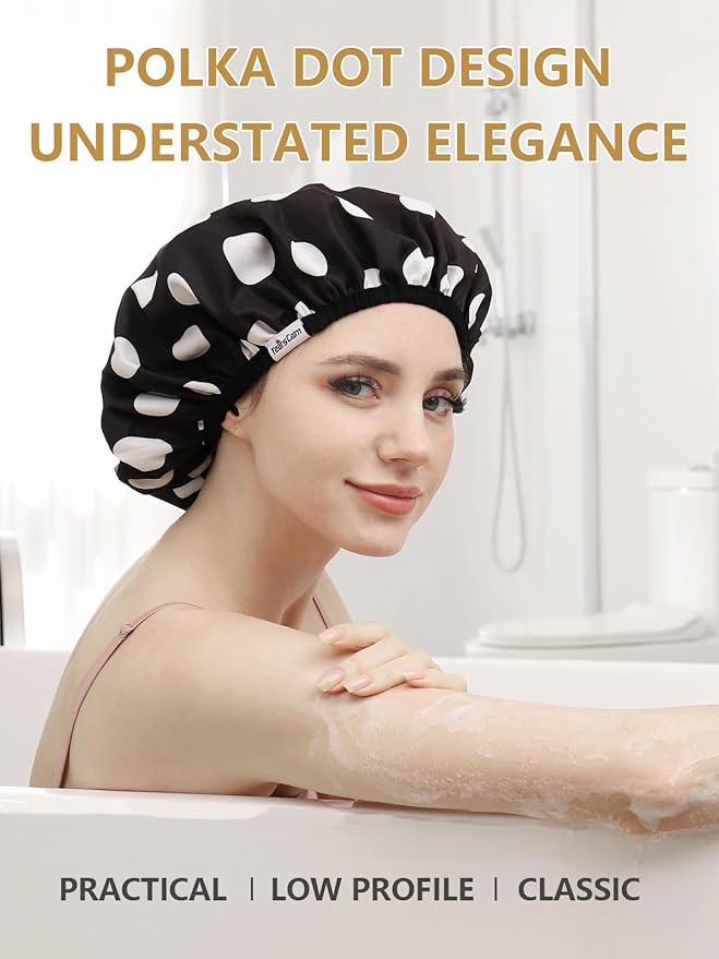 Years Calm Shower Caps For Women Reusable Waterproof，Pattern And Solid Color Dual-Layer Design For Dual-Layer Usable，Protects Hair In Shower, Spa, Cooking, Clean & Travel (Black, Extra Large)