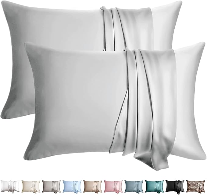 100% Silk Pillow Cases 2 Pack Queen Size Mulberry Silk Pillowcase for Hair and Skin Set of 2 Highest Grade 6A Silk Soft Breathable Cooling with Hidden Zipper, Light Grey