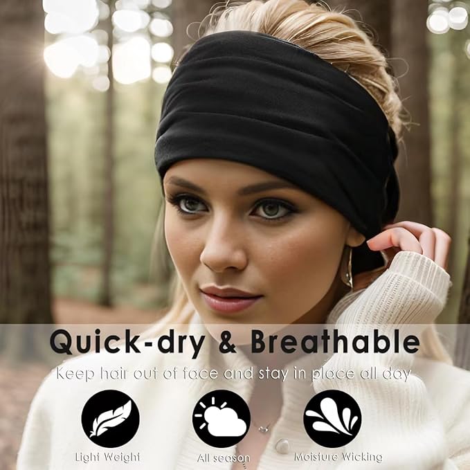 Extra Wide Headbands for Women, 7'' Large Cotton Like Turban Knotted Bandana Head Bands for Women Non Slip, Boho Headbands for Women's Hair (3Pcs White + 3Pcs Black, Extra Large 7" Wide)