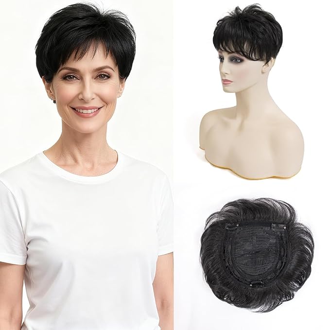 Short Hair Topper for Thinning Hair 4 Inch Short Pixie Cut Toppers Pieces Natural Curly Texture Synthetic Black Wiglets Hairpieces (Black, 4 inch)