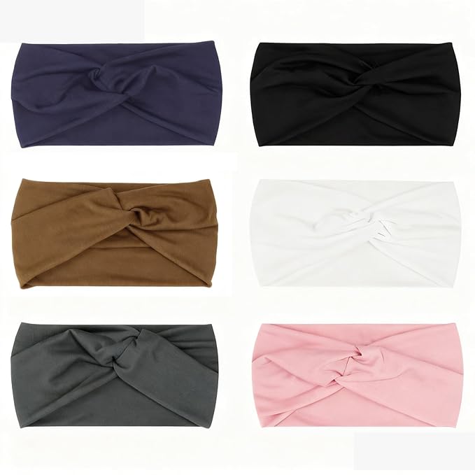 6 Pack Wide Headbands for Women, Elastic Thick Headbands for Women's Hair, Workout Hair Bands for Women Non Slip, Fashion Twist Knotted Turbans, Cute Head Wraps for Yoga Running Gym (Solid Color)