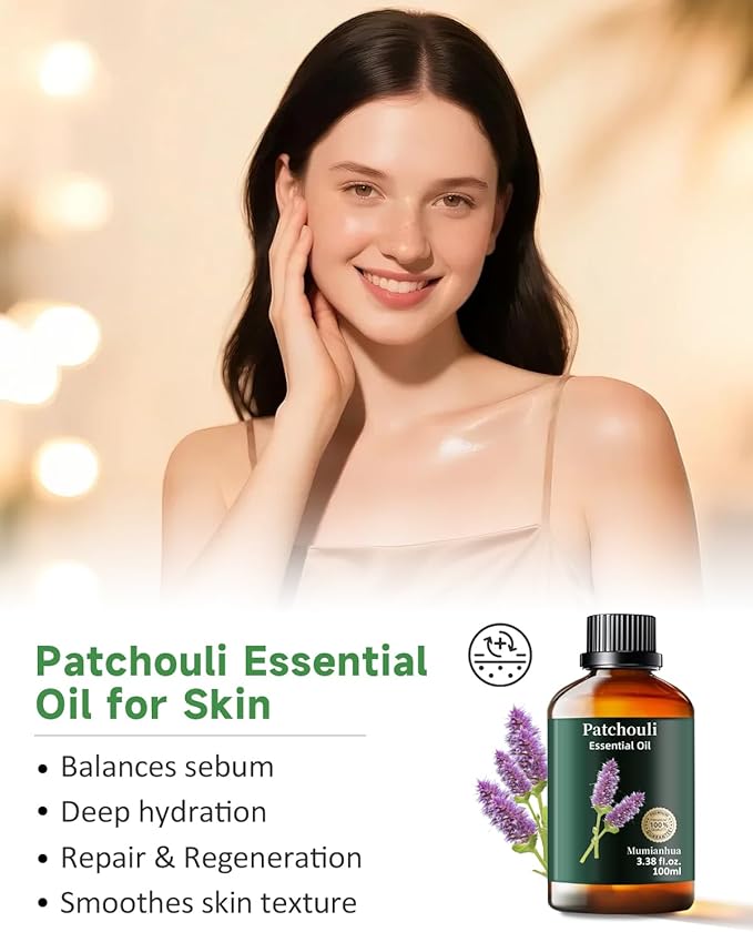 Pure Patchouli Essential Oil for Outdoor Shield, Natural Protective Blends, Earthy Aroma for Reed Diffuser, Room Spray, Hair, Skin Care, Candle, Soap Making, Mumianhua 3.38 Fl Oz