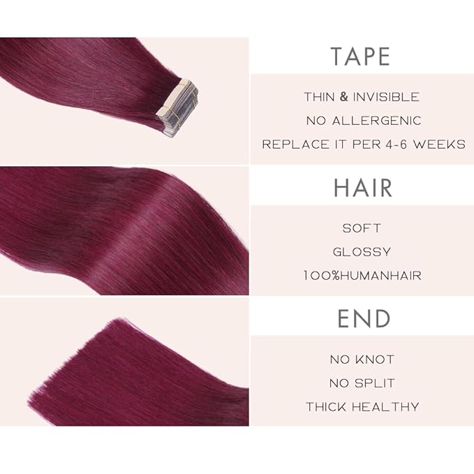Tape in Hair Extensions Human Hair Burgundy Remy Hair Extensions 20pcs 14 Inch Straight Invisible Human Hair Tape in Extensions Skin Weft Tape Extensions Human Hair (99J#,14 Inch)