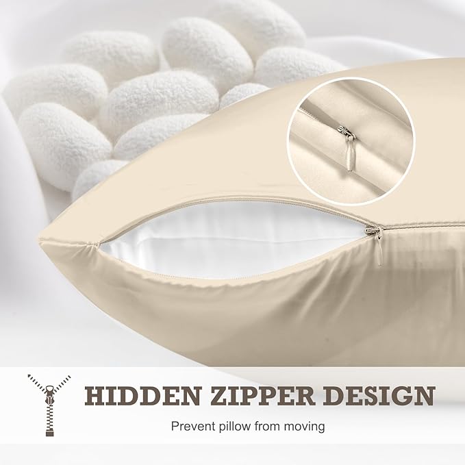 100% Mulberry Silk Pillowcase 2 Pack,Standard Size Silk Pillow Cases for Hair and Skin,Silky Smooth Bed Pillow Cover with Hidden Zipper,Natural Silk Pillow Case Set of 2 (Beige, Standard 20X26)