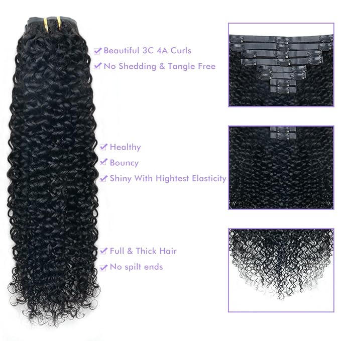 Seamless 3C 4A Kinky Curly Clip In Extension PU Weft Curly Clip in Extension Human Hair Clip Ins Full Head for Black Women Brazilian Remy Human Hair Natural Color 8Pcs with18clips 120g/Set (22 inch)