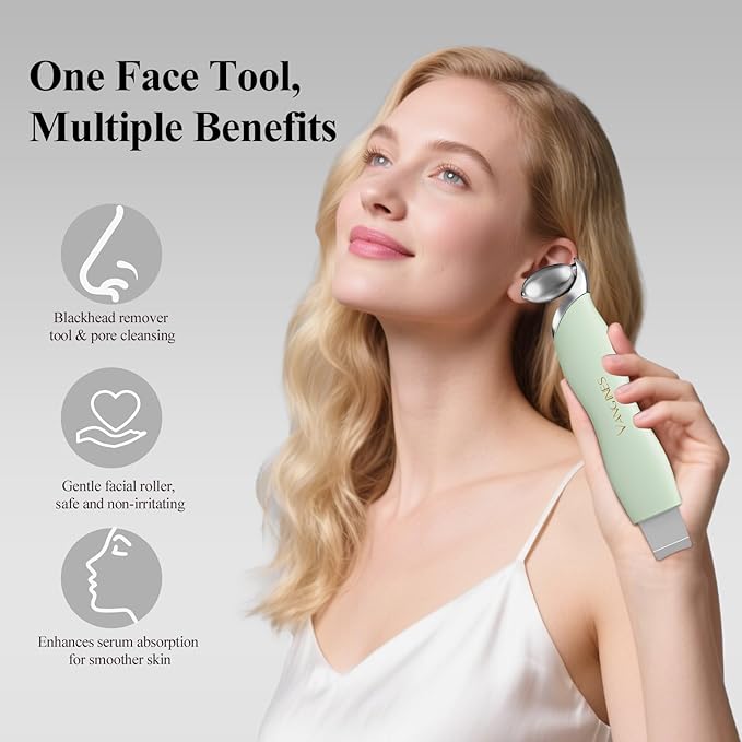 Blackhead Scraper Tool & Skin Scrubber Face Spatula for Blackhead Removal, Pore Cleaning, with Cooling Ice Roller & 2 Silicone Brush Heads (Sage Mist)