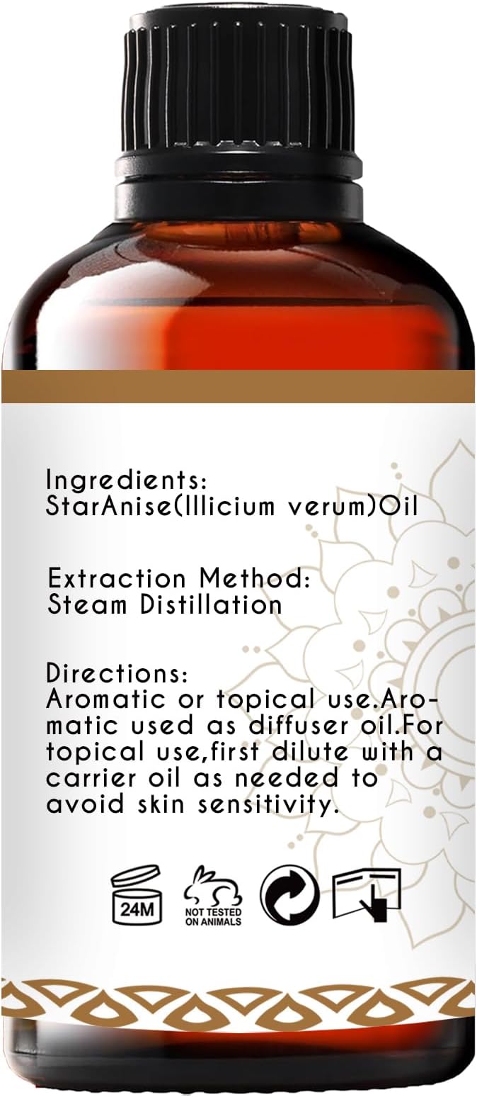 Star Anise Oil, Pure Natural Essential Oil for Diffuser Candle Soap DIY Skin Hair - 1 Oz