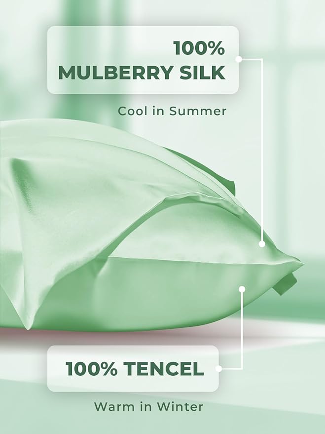 Mulberry Silk Pillowcase for Hair and Skin, SGMSILK 22 Momme Natural Silk Pillow Cases with Zipper, 6A Soft and Smooth Single Sided Pure Silk Pillow Cover (Light Green, Standard 20"x26")