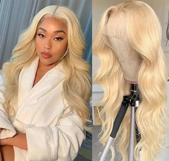 613 Blonde Human Hair Wigs 13X6 HD Transparent Lace Front Body Wave Wigs with Baby Hair for Black Women Pre Plucked Brazilian Virgin Hair Wig 180% Density 26 Inch