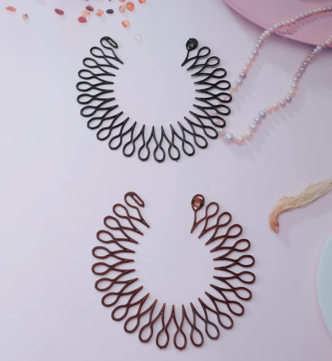 Sowaka 4 Pcs Circular Stretch Comb Plastic Black Brown Circle Spring Headband Flexible Hair Wrap Holder for Women and Girls, Outgoing Sports Accessories (8 shape - black and brown)