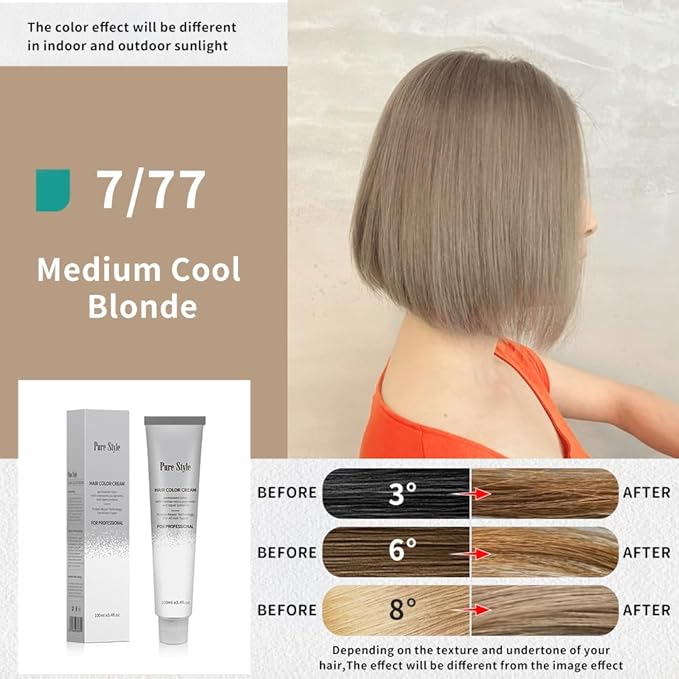 PureStyle 100ml Professional Permanent Hair Color Dye Cream Ammonia Free, Long Lasting Light Ash Blonde Color, 100% Gray Coverage, Natural Shine, Easy At Home Application (7/77 Medium Cool Blonde)