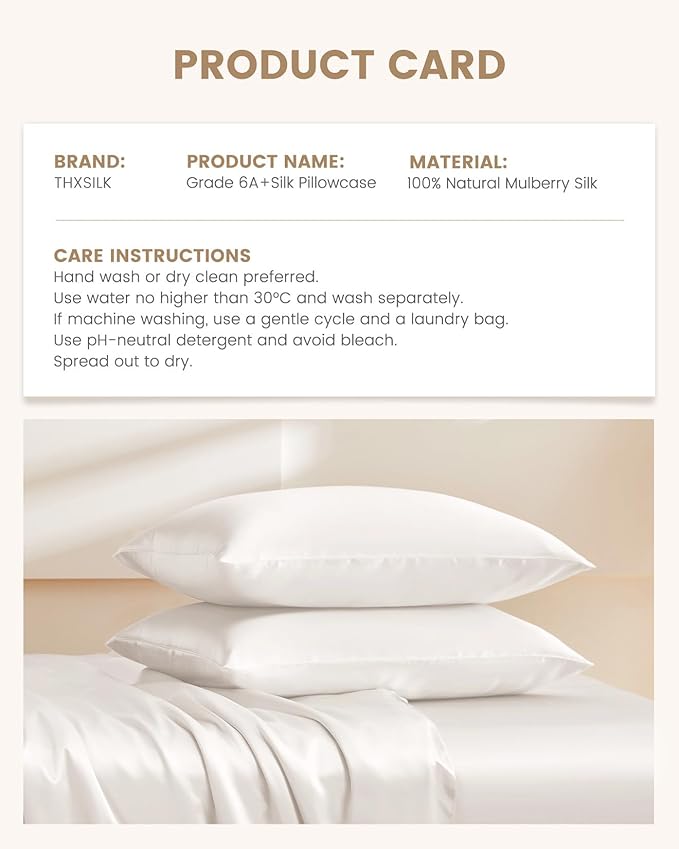 THXSILK Set of 2 100% Pure Mulberry Silk Pillowcase for Hair and Skin, Highest 6A+ Grade Mulberry Silk Pillow Case Standard Size, Real Silk Pillowcase with Zipper (White, Standard)