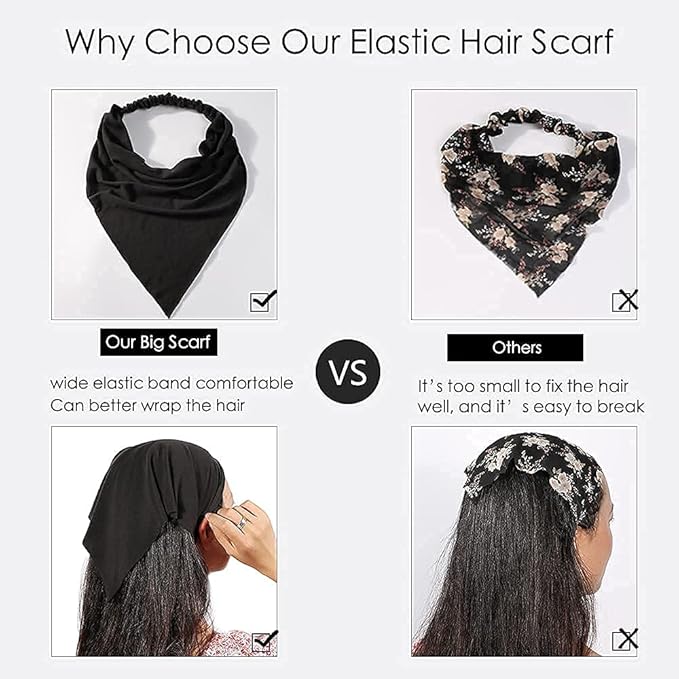 6 Pack Hair Scarf Headband for Women Elastic Bandana Head Scarf Large Boho Triangle Kerchief with Clips Non Slip Scarves