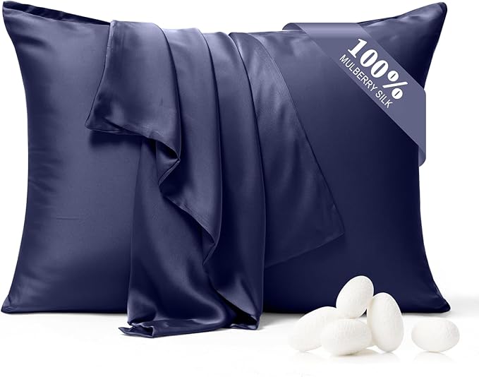 100% Pure Silk Pillowcase 2 Pack for Hair and Skin, Both Sides 23 Momme Grade 6A+ Mulberry Silk Pillowcases with Hidden Zipper, Soft&Smooth Cooling Pillow Cases (Navy Blue, King 20x36)