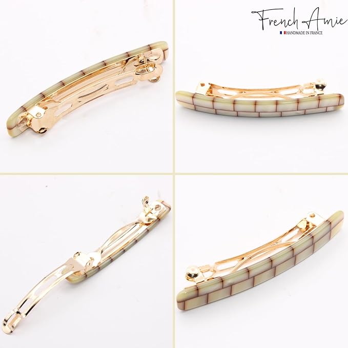 French Amie Small 2 1/4 inch Celluloid Handmade Hair Barrette No Slip Grip Durable Styling Women Hair Accessories Hair Clip for Girls, Made in France(Ivory Brick)