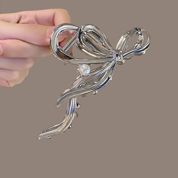 Metal Bow Hair Clips Bow Hair Claw Clips with Pearl Large Bowknot Claw Clip Strong Hold Nonslip Hair Jaw Clip for Thin Thick Hair Stylish Hair Accessories for Women Silver