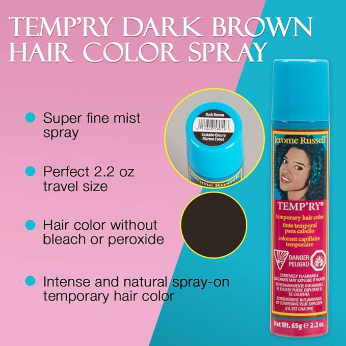 Jerome Russell Dark Brown Hair Tint Spray - Intense, Spray-On, Instant Vivid, Fast-Drying, Non-Sticky, Travel Size Temporary Hair Dye, 2.2 oz