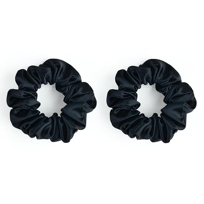 22 Momme 100% Mulberry Silk Scrunchies (2 Pack, Black), Well-Hold Elastic for No-Damage, Soft Hair Ties, 6A Grade, OEKO-TEX Certified, Reduces Frizz & Breakage
