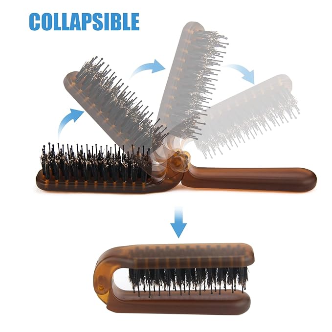 Travel Folding Hair Brush, Collapsable Portable Pocket Boar Bristle Hair Brush for Thin Thick Hair, Mini HairBrushfor Men Women Kids Thick Thin Curly Straight Wet Dry Hair Restore Shine Fold x1 Amber