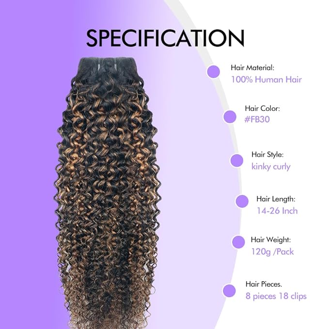 FB30 Highlight Ombre Curly Clip In Extension Human Hair 3C 4A Kinky Curly Clip Ins Full Head for Black Women Brazilian Remy Human Hair Balayage Brown 8Pcs with18clips 120g/Set (16 inch)