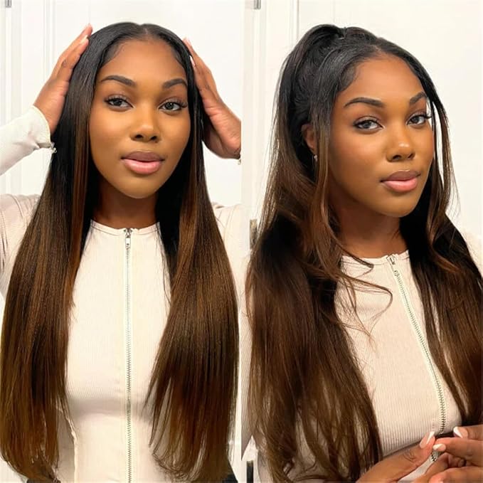 YIROO V Part Wig Human Hair No Leave Out Ombre Chestnut Brown Yaki Straight Glueless Human Hair Wig Upgrade U Part Wigs for Women V Shape Clip in Half Wig No Glue No Sew in Beginner Wig 18inch