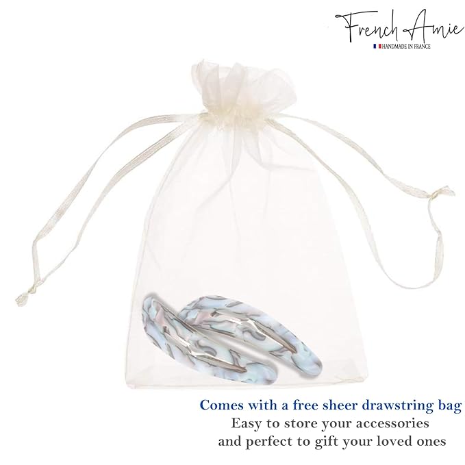 French Amie Clic Clac Large Handmade Celluloid Acetate Set of 2 Snap Hair Clips No Slip Side Slide-in Barrette for Women and Girls (Aqua Marbel)
