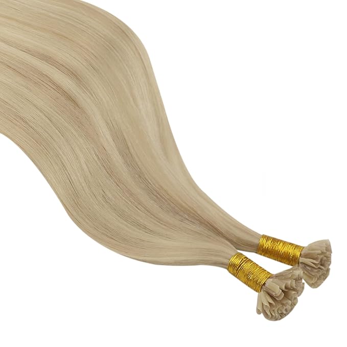 YoungSee Utip Hair Extensions Human Hair Highlight Blonde U Tip Hair Extensions Ash Blonde Mixed Bleach Blond Ktip Hair Extension Highlight Pre Bonded Hair Extension 14In 1G/S 50G for Parties
