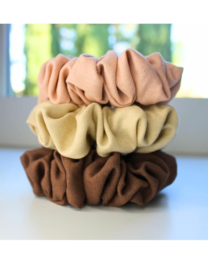 Handmade Linen Scrunchie Bundle for Women – Set of 3 Neutral Hair Ties – 100% Linen Fabric, Gentle on Hair, Woman Gift Set (Mocha)