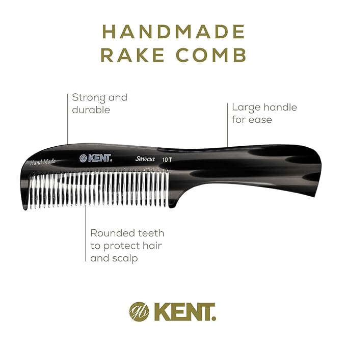 Kent 10T Graphite and Tortoise Large Detangler Comb, Handmade Wide Tooth Comb for Curly Hair, Detangling Combs For Wet and Dry Hair, Combs for Thick Hair, Saw-Cut and Hand Polished Made in England