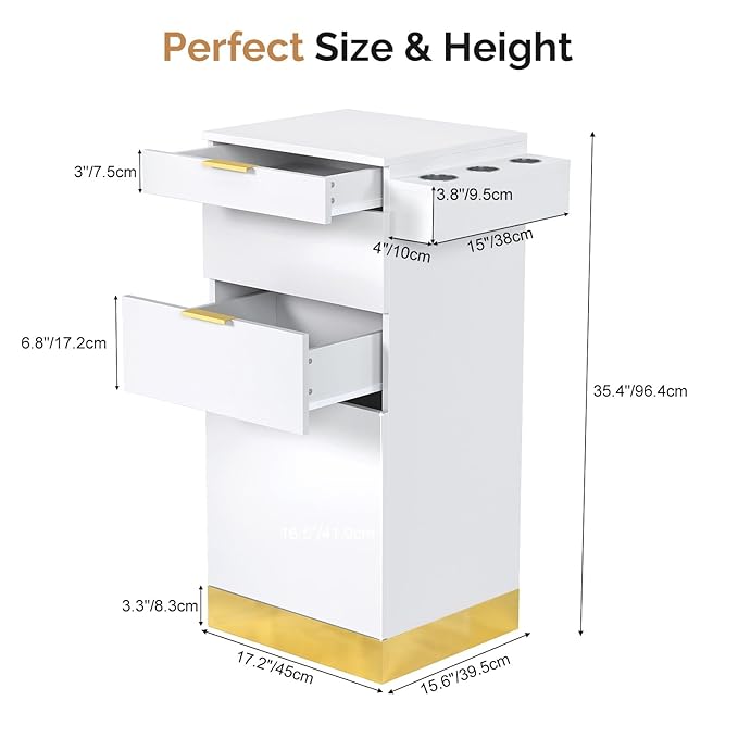 OmySalon Salon Station, Barber Station for Hair Stylist, Storage Cabinet with Stainless Steel Finish & Drawers & Heat Resistant Dryer Holders, Modern Style for Barbershop, White