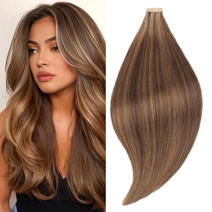 Tape in Hair Extensions Human Hair 16 Inch 20pcs Invisible Tape ins Hair Extensions Real Human Hair Brownish Brown to Brownish Yellow Remy Seamless Injected Tape Extensions