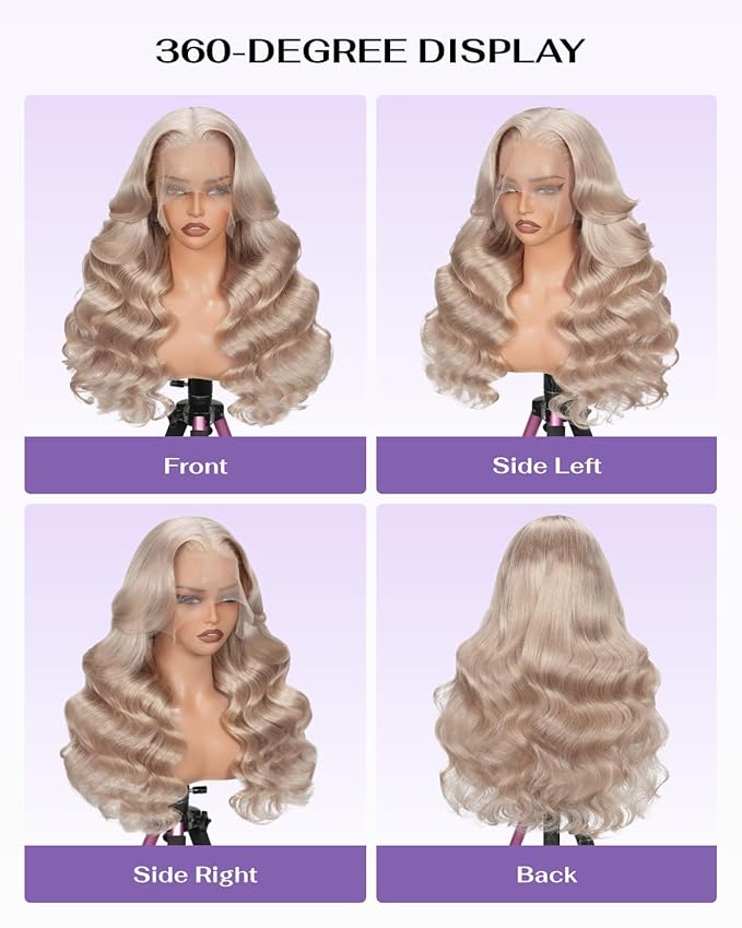 Hidden Strap Milk Tea Ash Blonde Wig Human Hair Body Wave 360 Lace Front Wig Human Hair Ombre Glueless Wigs Pre Bleached Bleached Knots 180% Density Drawstring HD Full Lace Wigs 24Inch