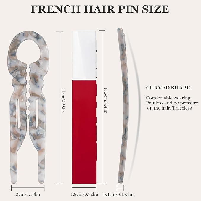 Sunolga 6pcs Prestige French Hair Pins for Women, 4.38" Large, Serrated Anti-Slip Design, Curved Shape for Better Head Fit, Coquette Elegant Hair Accessories for Updos, Chignon, Bun Hairstyles