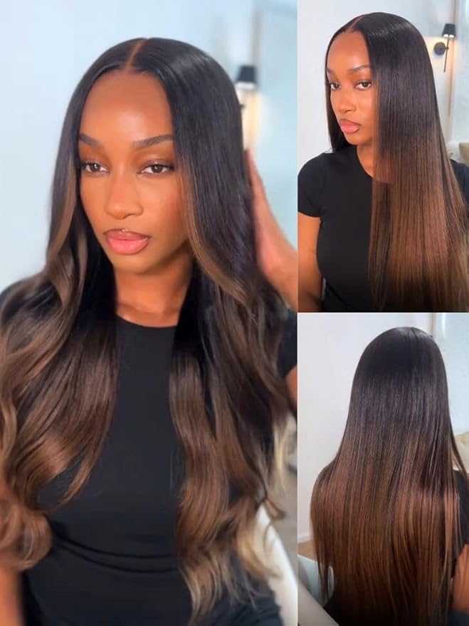 YIROO Chestnut Brown Ombre Yaki Straight 13x4 Pre Everything Frontal Glueless Wig Human Hair Pre Plucked Pre Cut,Bye bye Knots Wear and Go Drawstring Wigs Beginner Friendly 150% Density 22Inch
