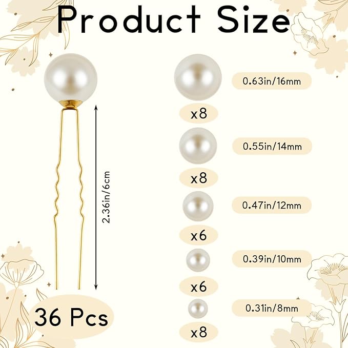 NEBURORA 36 Pcs Wedding Pearl Hair Pins U Shape Pearl Hair Accessory for Brides Bridesmaids Women Gold