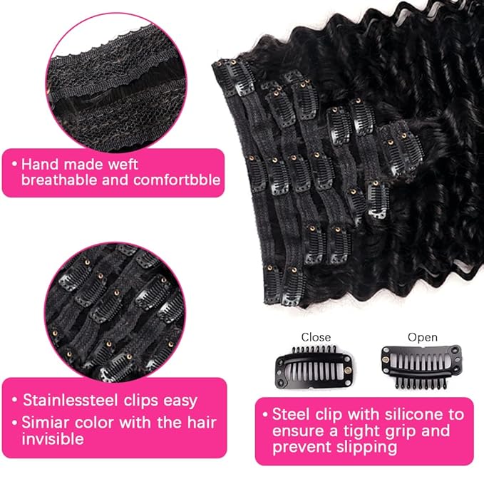 Deep Wave Clip in Hair Extensions Real Human Hair Brazilian Virgin Human Hair Clip in Extensions for Black Women 8Pcs Remy Hair with 18Clips 120g (16inch, Natural Black)