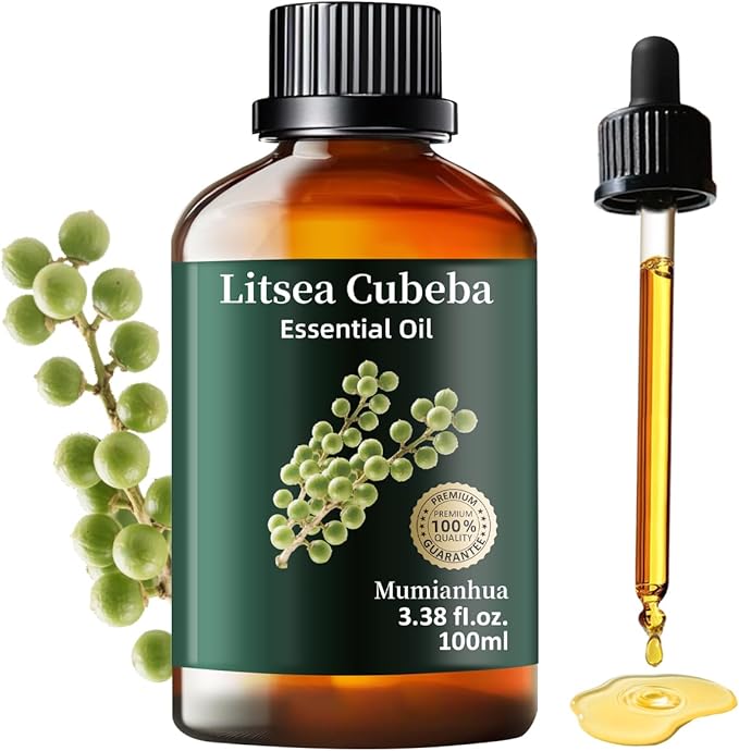 Mumianhua Litsea Cubeba Essential Oil 100% Pure Litsea Cubeba Oil Natural May Chang Essential Oil for Aroma & Diffusers, Massage, Skin Care, Hair Care, Candle & Soap Making 3.38 Fl Oz