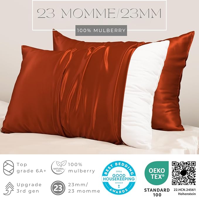 PROMEED 23 Momme Silk Pillowcase for Hair and Skin, Both Sides Upgraded Grade 6A+ Mulberry Silk Pillow Case with Zipper, Cooling Pillow Cases for Hot Sleepers (King 20"x36", Dusk)